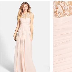 Lace Yoke Ruched Chiffon GownJS BOUTIQUE Blush